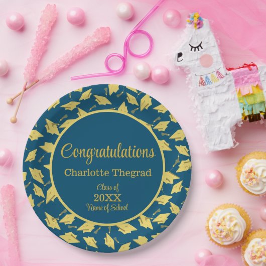 金ゴールド卒業キャップが青に揺れパーソナライズされたる ペーパープレート (パーティー)