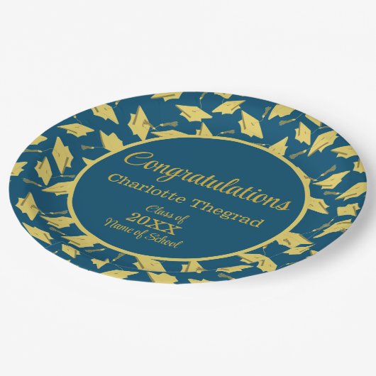 金ゴールド卒業キャップが青に揺れパーソナライズされたる ペーパープレート (アングル)