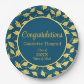 金ゴールド卒業キャップが青に揺れパーソナライズされたる ペーパープレート (正面)