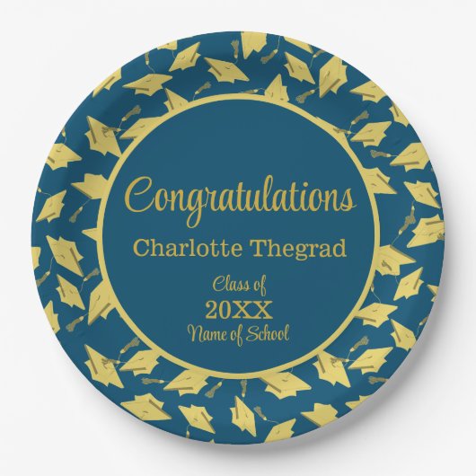 金ゴールド卒業キャップが青に揺れパーソナライズされたる ペーパープレート (正面)