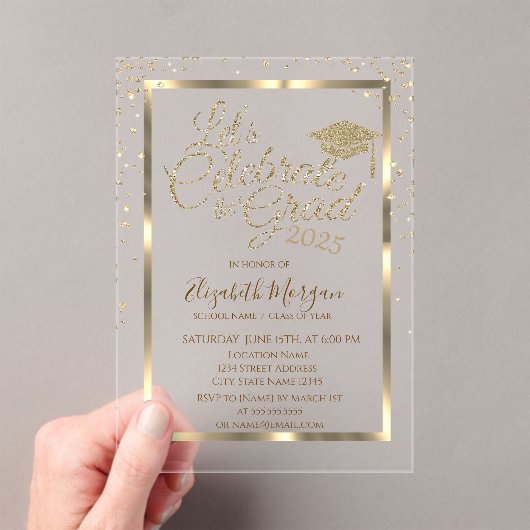 金ゴールド卒業キャップダイアモンズネイビーブルー卒業 アクリル招待状 (インサイチュ (ポータブル))