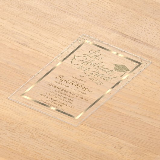 金ゴールド卒業キャップダイアモンズネイビーブルー卒業 アクリル招待状 (レイダウン)