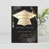 金ゴールド卒業キャップブラックバラ卒業 招待状 (スタンド正面)