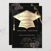 金ゴールド卒業キャップブラックバラ卒業 招待状 (正面/裏面)