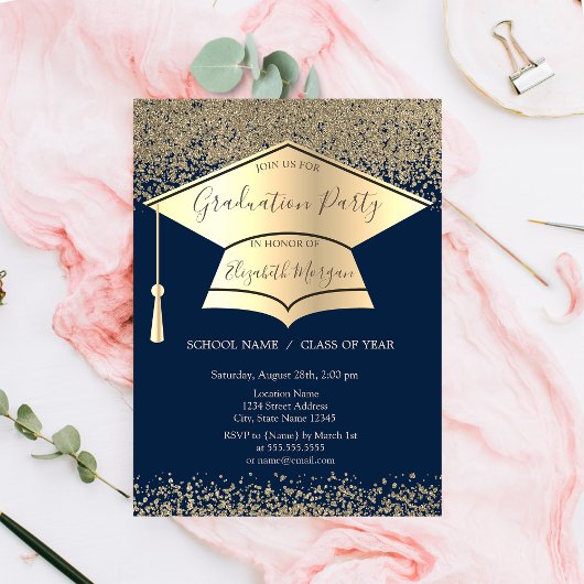 金ゴールド卒業キャップ、ダイアモンズネイビーブルー卒業 招待状