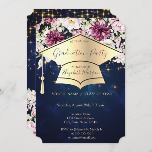 金ゴールド卒業キャップ、星、花ブルー卒業 招待状 (正面/裏面)