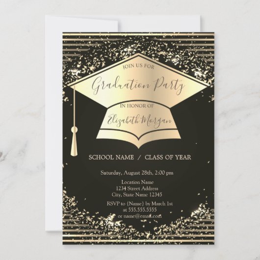 金ゴールド卒業キャップ、紙吹雪ストライプ卒業 招待状 (正面)