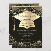 金ゴールド卒業キャップ、紙吹雪ストライプ卒業 招待状 (正面/裏面)