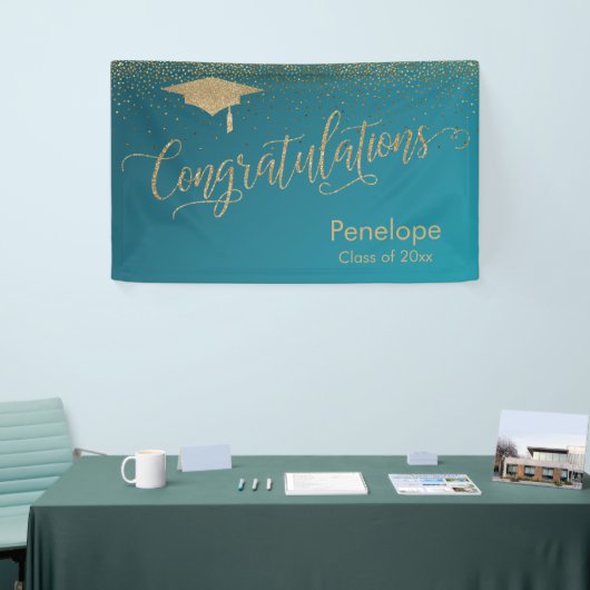 金ゴールド卒業グラデーションティール(緑がかった色) 横断幕 (トレードショー)