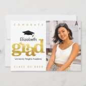 金ゴールド卒業写真はっきりしたモダンタイポグラフィキャップ 案内状 (正面)