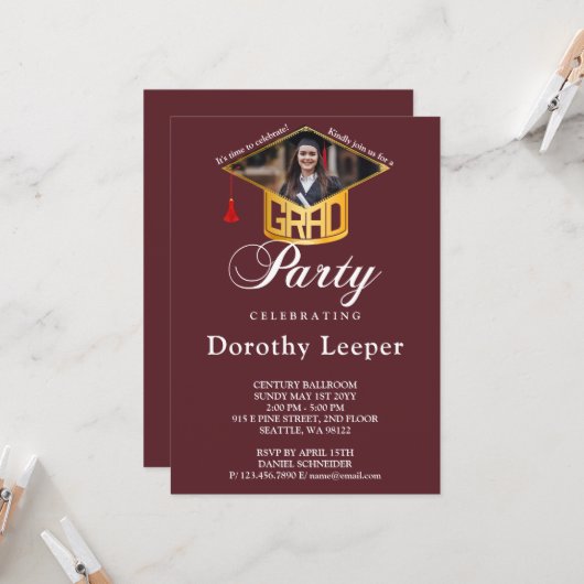 金ゴールド卒業式キャップ&写真卒業パーティー 招待状 (正面/裏面インサイチュ)