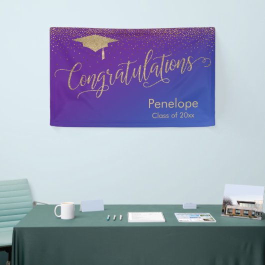 金ゴールド卒業式パープルブルーグラデーション 横断幕 (トレードショー)
