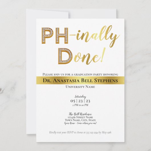金ゴールド博士後期課程の卒業式パーティー写真 招待状 (裏面)