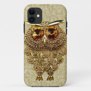 金ゴールド及びこはく色のフクロウの宝石の印書イメージ iPhone 11 ケース