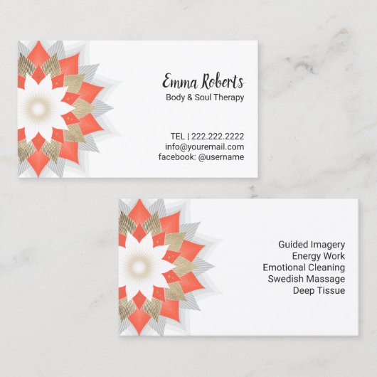 金ゴールド及びオレンジはすの花の体及び精神のセラピー 名刺 (正面/裏面)