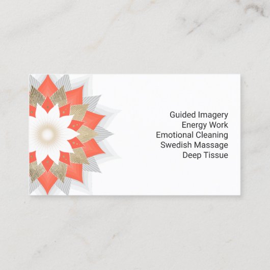 金ゴールド及びオレンジはすの花の体及び精神のセラピー 名刺 (裏面)