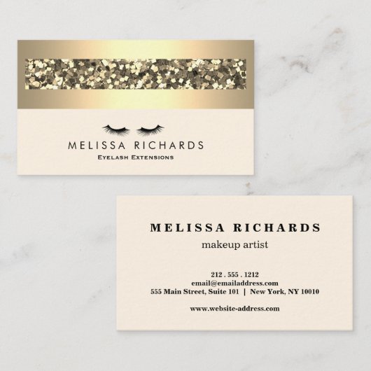 金ゴールド及びスパンコールのメーキャップアーティストのまつげ延長 名刺 (正面/裏面)
