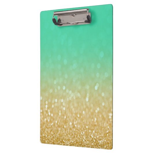 金ゴールド及びティール（緑がかった色）のグラデーションなグリッターのパーソナライズな用箋挟 クリップボード (左)