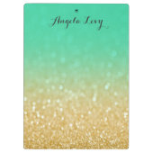金ゴールド及びティール（緑がかった色）のグラデーションなグリッターのパーソナライズな用箋挟 クリップボード (裏面)