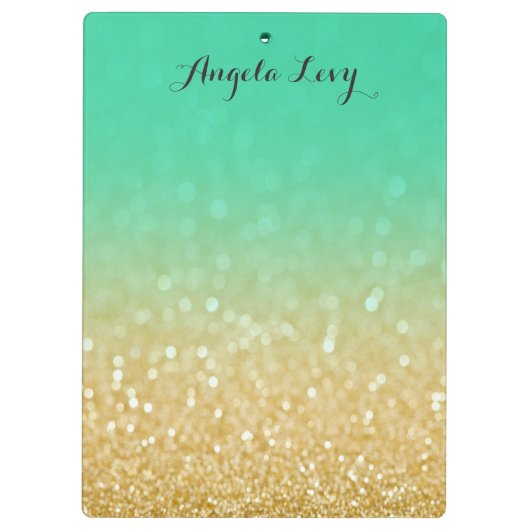 金ゴールド及びティール(緑がかった色)のグラデーションなグリッターのパーソナライズな用箋挟 クリップボード (裏面)
