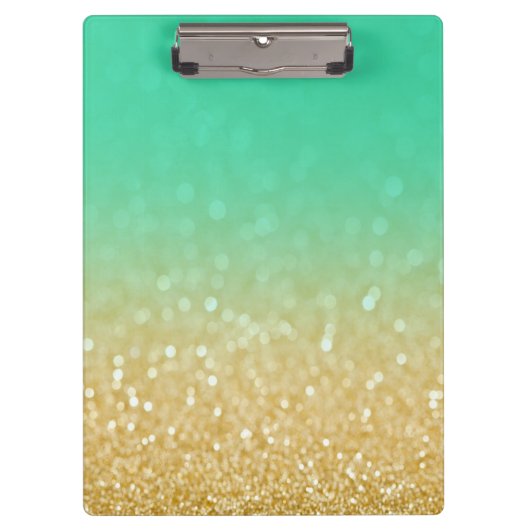 金ゴールド及びティール（緑がかった色）のグラデーションなグリッターのパーソナライズな用箋挟 クリップボード (正面)
