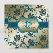 金ゴールド及びティール（緑がかった色）フェイクグリッターフローラ婚約パーティ 招待状 (正面/裏面)