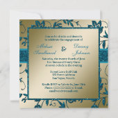 金ゴールド及びティール（緑がかった色）フェイクグリッターフローラ婚約パーティ 招待状 (裏面)