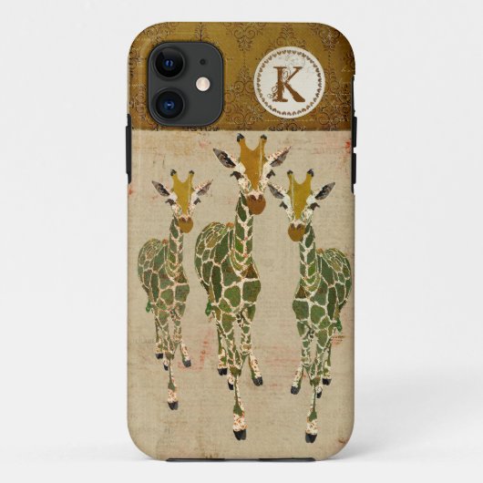 金ゴールド及びヒスイのキリンのダマスク織のモノグラムのiPhoneの場合 Case-Mate iPhoneケース (裏面)