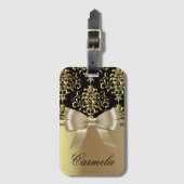 金ゴールド及びボウタイ付きブラックダマスク及び名前をカスタムする ラゲッジタグ (正面縦)