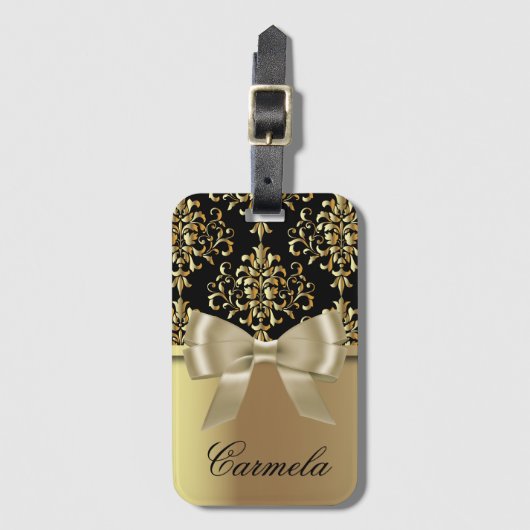 金ゴールド及びボウタイ付きブラックダマスク及び名前をカスタムする ラゲッジタグ (正面縦)