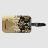 金ゴールド及びボウタイ付きブラックダマスク及び名前をカスタムする ラゲッジタグ (正面横)