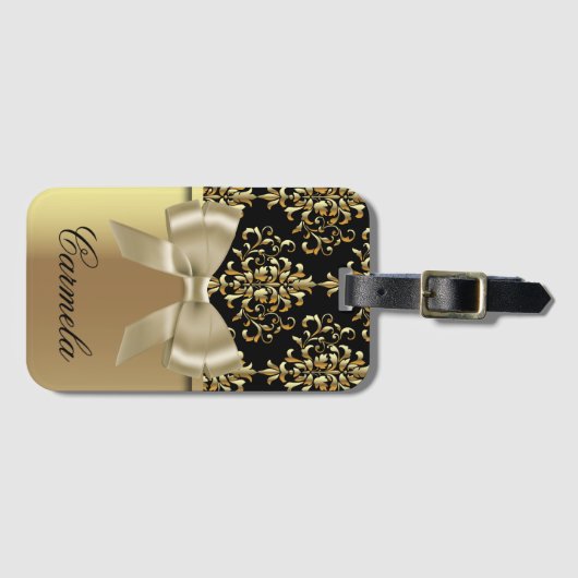 金ゴールド及びボウタイ付きブラックダマスク及び名前をカスタムする ラゲッジタグ (正面横)