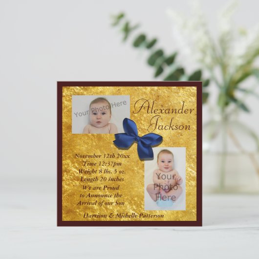金ゴールド及びマホガニーの男の子の誕生の発表 案内状 (スタンド正面)