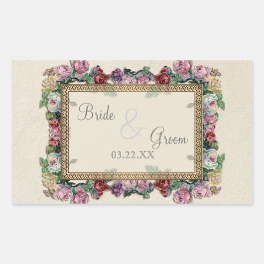 金ゴールド及びレースのクラシックでフォーマルでエレガントな結婚式の招待 長方形シール (正面)