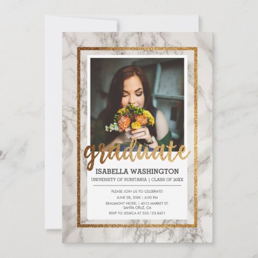 金ゴールド及び大理石のタイポグラフィ|の写真の卒業パーティー 招待状 (正面)