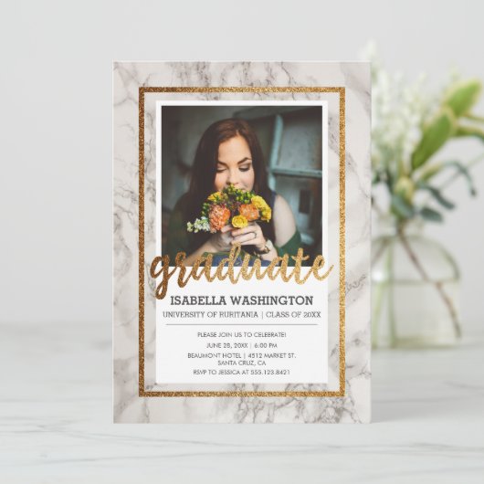 金ゴールド及び大理石のタイポグラフィ|の写真の卒業パーティー 招待状 (スタンド正面)
