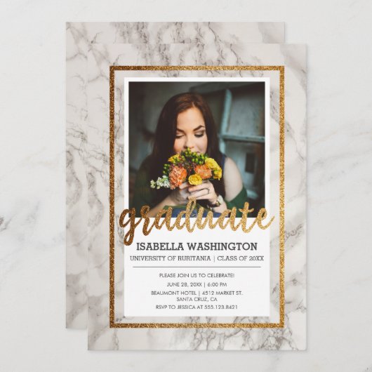 金ゴールド及び大理石のタイポグラフィ|の写真の卒業パーティー 招待状 (正面/裏面)