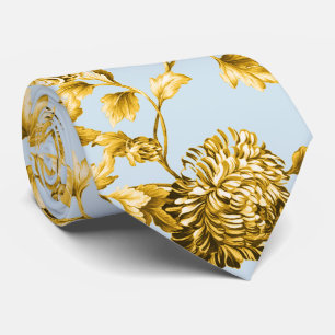 金ゴールド及び淡いブルーモダンな植物の花のToile ネクタイ