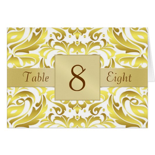 金ゴールド及び白いダマスク織のテーブルの数によって折られるカード (正面横)