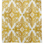 金ゴールド及び白壁紙ダマスク シャワーカーテン (正面)