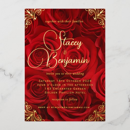 金ゴールド及び赤結婚式招待状金箔 箔招待状 (正面)