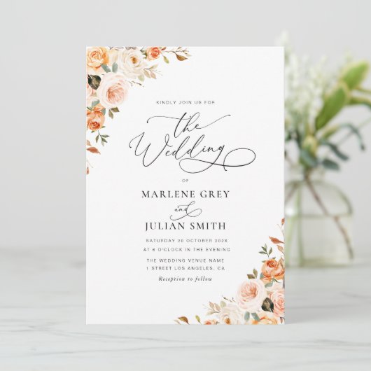 金ゴールド及び赤面秋フローラ結婚式招待状 招待状 (スタンド正面)