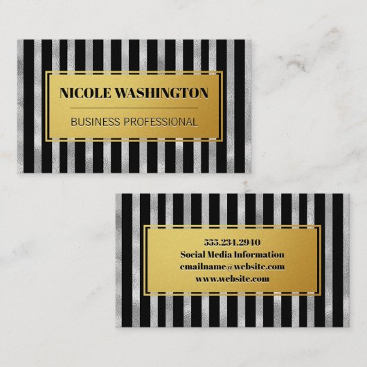 金ゴールド及び銀ストライプの箔 |ファッション 名刺 (正面/裏面)