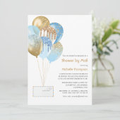 金ゴールド及び青色のベビー又はブライダルシャワー別郵便 招待状 (スタンド正面)