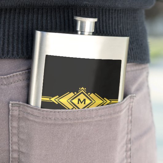 金ゴールド及び黒いアールデコベルトのモノグラム フラスク (インサイチュ)