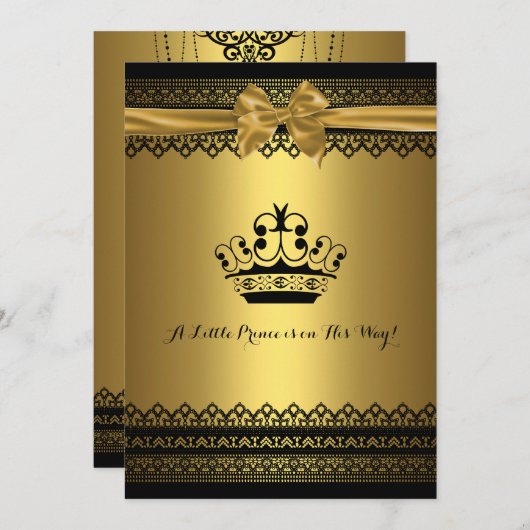 金ゴールド及び黒い王冠のベビーシャワーの招待状 招待状 (正面/裏面)