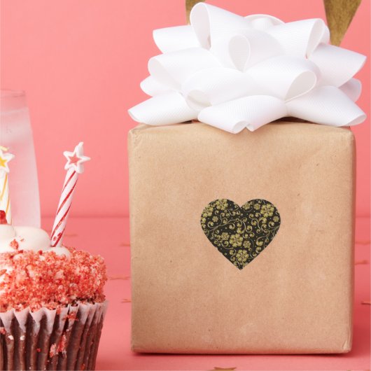 金ゴールド及び黒色花柄 ハートシール (パーティー)