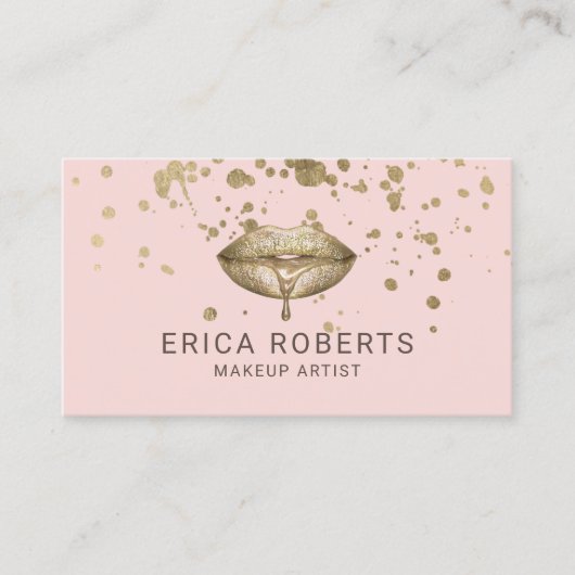 金ゴールド口紅（ばちゃばちゃ）跳ねる赤面ピンクメイクアップアーティスト 名刺 (正面)