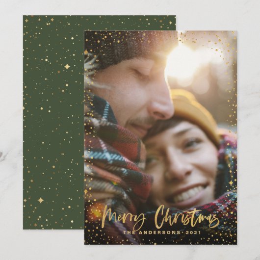 金ゴールド台本のクリスマスが1枚の写真（緑）の祝日 シーズンカード (正面/裏面)