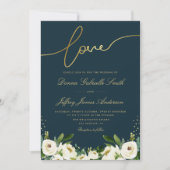 金ゴールド台本ホワイトガーデンフローラネイビー結婚ズ 招待状 (正面)